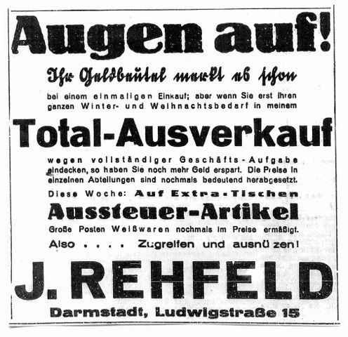 Anzeige der Fa. Rehfeld im Hessischen Volksfreund vom 22.11.1932