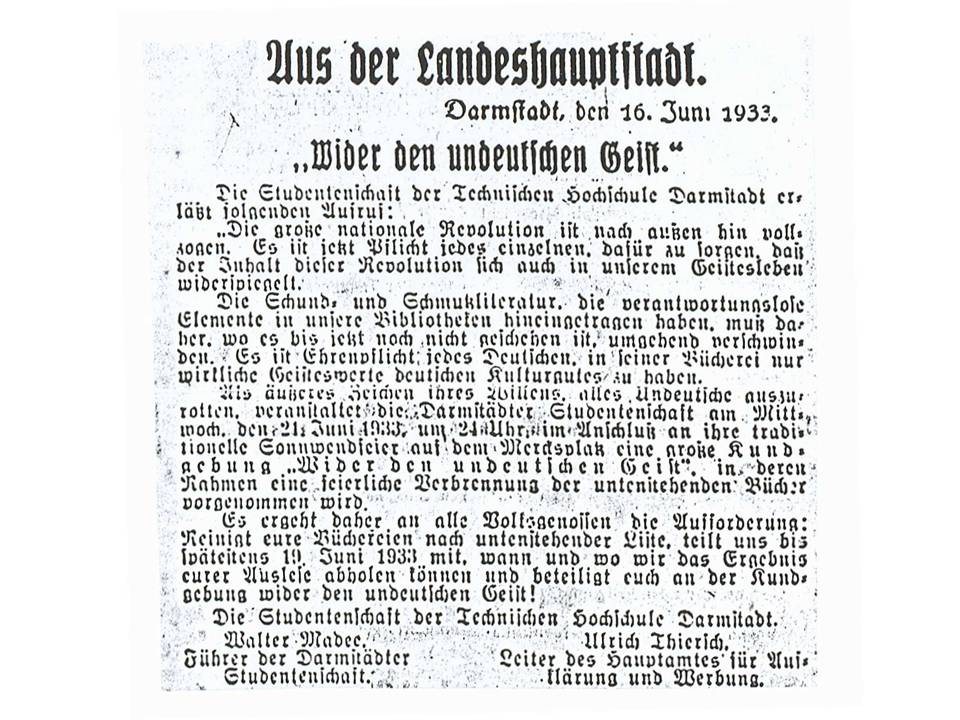 "Aus der Landeshauptstadt - Wider den undeutschen Geist", Aufruf der Darmstädter Studentenschaft im Darmstädter Tagblatt vom 16.6.1933