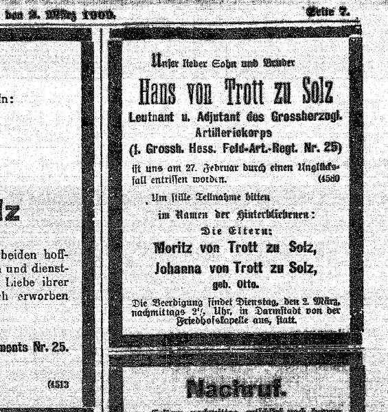 Todesanzeige Hans von Trott zu Solz (1909)