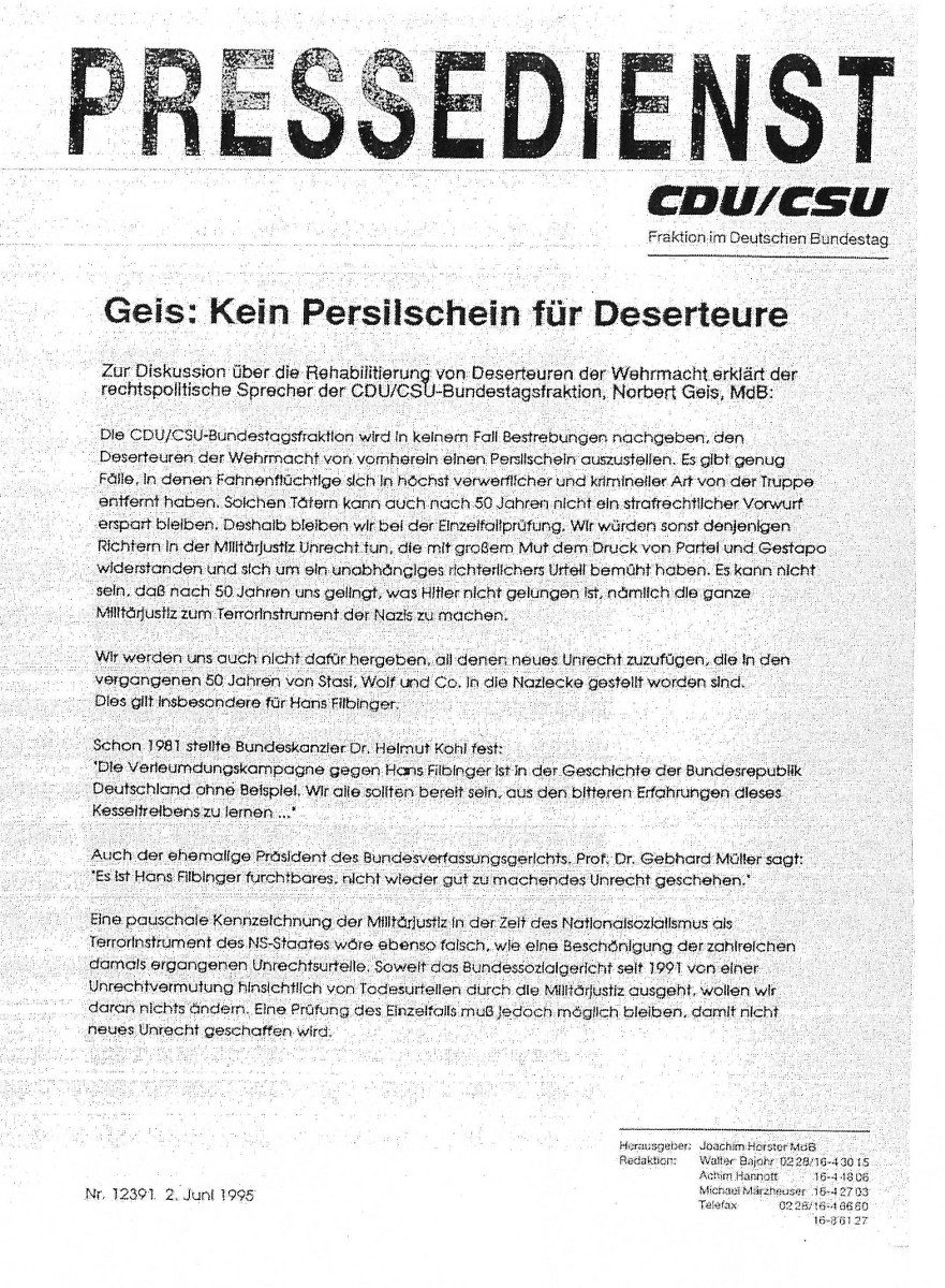 Presseerklärung der CDU/CSU-Bundestagsfraktion aus dem Jahr 1995