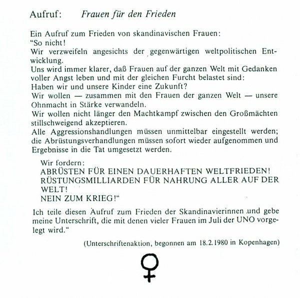 Aufruf der dänischen Frauen für den Frieden vom 17.02.1980